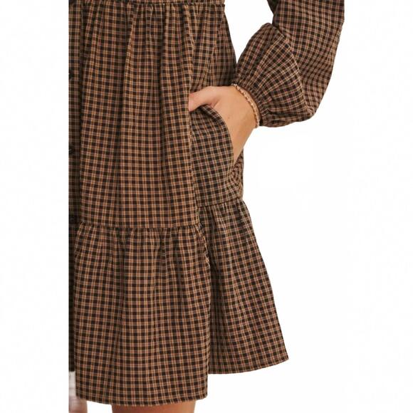 NEW IN FEBRUARY abigail plaid tiered babydoll mini dress in brown - Picture 4 of 4